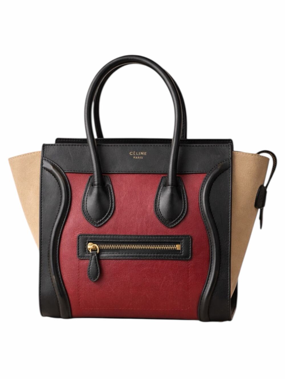 Celine Tricolor Mini Luggage Tote Bag Calf Leather Suede Rust Red Black - Picture 1 of 16
